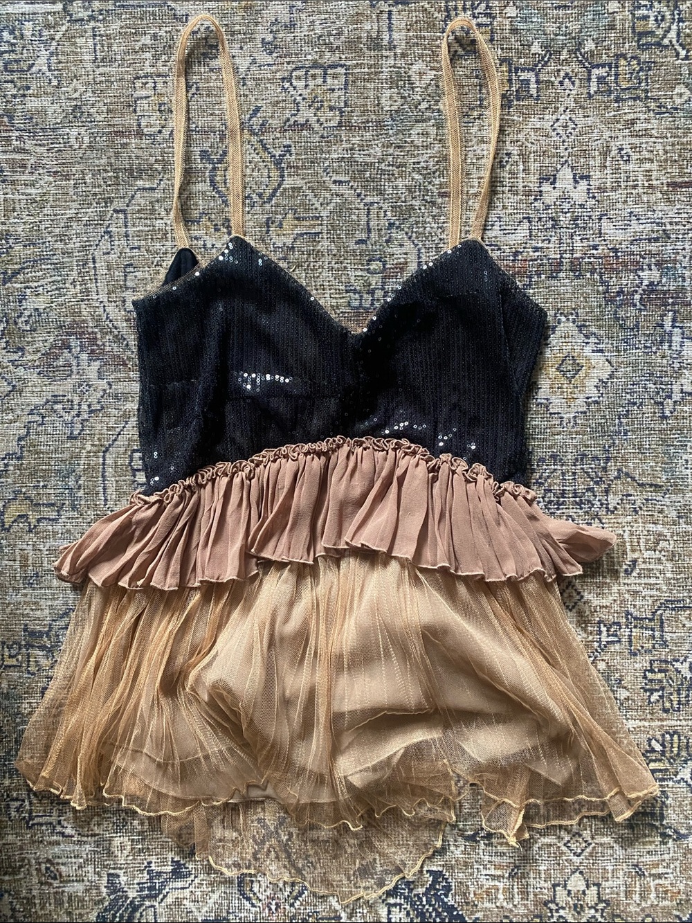gimmicks by BKE Black Sequin Bodice with Brown and Tan Ruffle Skirt Chemise